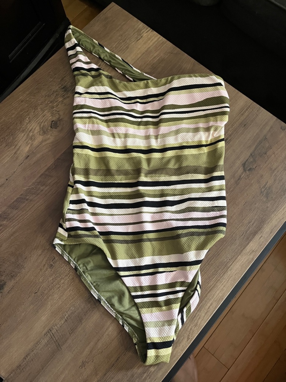 Seafolly Olive Green and Pale Pink Striped One-Shoulder One-Piece Swimsuit